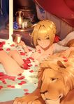  1girl ahoge alcohol animal bangs bath bathing blonde_hair bracelet braid breasts cleavage cup eyebrows_visible_through_hair fate/extra fate/grand_order fate_(series) food french_braid fruit goblet grapes green_eyes hair_intakes holding holding_cup indoors jewelry knees_up large_breasts lion looking_at_viewer nero_claudius_(fate) nero_claudius_(fate)_(all) nude partially_submerged petals plate reroi rose_petal_bath rose_petals saber_extra short_hair smile solo v-shaped_eyebrows water wine 