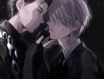  2boys anne_(annene) black_hair blue_eyes brown_eyes eye_contact formal hair_slicked_back hands_on_another&#039;s_face katsuki_yuuri looking_at_another male_focus multiple_boys necktie silver_hair smile suit upper_body viktor_nikiforov yaoi yuri!!!_on_ice 