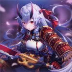  1girl armor artist_name bangs blurry breasts depth_of_field fate/grand_order fate_(series) fingerless_gloves gloves hachimaki hair_between_eyes headband highres holding holding_sword holding_weapon japanese_armor looking_at_viewer narae oni_horns open_mouth petals red_eyes red_gloves signature silver_hair slit_pupils solo sword tomoe_gozen_(fate/grand_order) weapon 
