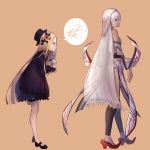  2girls :d abigail_williams_(fate/grand_order) altera_(fate) ass bangs bare_shoulders black_bow black_dress black_footwear black_hat blonde_hair bloomers blue_eyes bow brown_background butterfly commentary_request dark_skin detached_sleeves dress eisuto falling_star fate/grand_order fate_(series) hair_bow hat high_heels leg_warmers long_hair long_sleeves looking_at_another looking_at_viewer looking_back mary_janes multiple_girls object_hug open_mouth orange_bow parted_bangs polka_dot polka_dot_bow red_eyes red_footwear shoes short_hair simple_background sleeves_past_wrists smile sparkle spoken_object standing stuffed_animal stuffed_toy teddy_bear underwear veil very_long_hair white_bloomers white_hair 