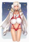  1girl altera_(fate) collarbone dark_skin fate/grand_order fate_(series) full_body_tattoo gloves jacket_on_shoulders navel night night_sky orii_(orii_i) red_eyes sky solo tattoo white_hair 