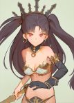  1girl bangs bare_shoulders black_gloves bra breasts choker closed_mouth commentary crown earrings elbow_gloves eyebrows_visible_through_hair fate/grand_order fate_(series) gloves grey_background highres holding holding_weapon hoop_earrings ishtar_(fate/grand_order) jewelry long_hair looking_at_viewer medium_breasts panties red_eyes simple_background single_glove solo standing tim_loechner tohsaka_rin two_side_up underwear upper_body weapon white_bra 