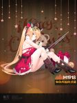  1girl animal_ears antlers bare_legs bare_shoulders bell black_footwear black_gloves blonde_hair blush boots breasts character_name christmas copyright_name detached_collar doughnut doughnut_hair_ornament dress food food_themed_hair_ornament frills from_side full_body fur_trim girls_frontline gloves grey_eyes gun hair_ornament high_heel_boots high_heels jingle_bell large_breasts leg_warmers long_hair looking_at_viewer m1918_bar m1918_bar_(girls_frontline) machine_gun merry_christmas object_hug official_art open_mouth red_dress reindeer_ears short_dress sidelocks sitting solo stuffed_animal stuffed_toy suisai teddy_bear torn_clothes torn_dress very_long_hair weapon 