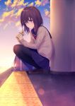  1girl achiki black_legwear blush brown_hair clouds evening hair_between_eyes holding long_sleeves looking_at_viewer original pantyhose school_uniform shadow shoes short_hair skirt sky squatting violet_eyes 