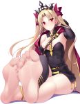  1girl anklet asymmetrical_legwear bangs bare_legs bare_shoulders barefoot black_dress black_legwear blonde_hair blush bow breasts cape cleavage detached_collar detached_sleeve dress earrings erect_nipples ereshkigal_(fate/grand_order) fate/grand_order fate_(series) feet frown hair_bow hand_in_hair highres hoop_earrings jewelry legs legs_crossed long_hair medium_breasts naturalton parted_bangs pov_feet red_cape red_eyes shiny shiny_skin simple_background sitting skull_necklace soles solo spine sweat tiara toes tohsaka_rin twintails two_side_up white_background 
