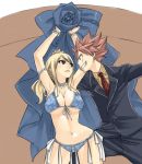  1boy 1girl armlet arms_up bikini blonde_hair bracelet breasts cleavage fairy_tail formal hand_on_another&#039;s_head jewelry large_breasts looking_at_another lucy_heartfilia mashima_hiro natsu_dragneel navel necklace necktie pink_hair smile spiky_hair stomach suit swimsuit under_boob 