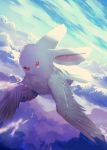  :d above_clouds animal animal_ears aurora bird blue_sky clouds commentary_request creature day flying fusion manino_(mofuritaionaka) no_humans open_mouth original rabbit rabbit_ears red_eyes scenery sky smile solo wings 