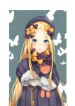  1girl abigail_williams_(fate/grand_order) absurdres bangs black_bow black_dress black_hat blonde_hair blue_background blue_eyes blush bow butterfly chestnut_mouth commentary_request dress eyebrows_visible_through_hair fate/grand_order fate_(series) forehead hair_bow hat highres holding holding_key key long_sleeves looking_at_viewer object_hug orange_bow outstretched_arm parted_bangs parted_lips polka_dot polka_dot_bow rookie55678 sleeves_past_wrists solo stuffed_animal stuffed_toy teddy_bear two-tone_background white_background 