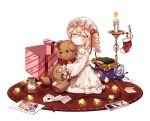  1girl alternate_hairstyle blonde_hair blush book box candle child_drawing closed_eyes crayon drill_hair fire flandre_scarlet gift gift_box hat highres jar mob_cap pajamas pocket_watch red_ribbon ribbon shan simple_background smile snow_globe socks solo star stuffed_animal stuffed_toy teddy_bear touhou watch white_background white_hat white_legwear wings 