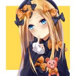  1girl abigail_williams_(fate/grand_order) bangs black_bow black_dress black_hat blonde_hair blue_eyes blush bow commentary_request covered_mouth dress fate/grand_order fate_(series) finger_to_mouth forehead girigiri_(giri_giri54) hair_bow hat head_tilt highres long_sleeves looking_away object_hug orange_bow parted_bangs polka_dot polka_dot_bow sleeves_past_wrists solo stuffed_animal stuffed_toy teddy_bear two-tone_background white_background yellow_background 