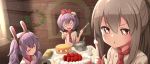  +_+ 3girls :o ahoge alternate_costume ame. animal_ears ayanami_(azur_lane) azur_lane bangs blush bow brick_wall brown_eyes brown_hair chef_hat chef_uniform christmas christmas_wreath closed_eyes commentary_request cream dutch_angle eyebrows_visible_through_hair food fruit green_bow hair_between_eyes hair_bow hair_ornament hair_ribbon hairband hat high_ponytail holding holding_knife index_finger_raised javelin_(azur_lane) knife laffey_(azur_lane) long_hair mini_hat multiple_girls o_o open_mouth outstretched_arm parted_lips ponytail rabbit_ears red_hairband red_neckwear red_ribbon ribbon shirt sidelocks strawberry strawberry_shortcake stuffed_animal stuffed_bunny stuffed_toy v-shaped_eyebrows white_hat white_shirt 