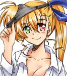  1girl black_panties blonde_hair blush breasts cleavage dasuto dress_shirt green_eyes hair_ribbon heterochromia long_hair looking_at_viewer lyrical_nanoha mahou_shoujo_lyrical_nanoha_vivid object_on_head older panties panties_on_head red_eyes ribbon shirt side_ponytail smile solo underwear vivio 