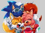  1girl 3boys amy_rose closed_eyes eyewear_on_head friends goggles goggles_around_neck group_hug hand_on_another&#039;s_head happy hug knuckles_the_echidna laughing lowres multiple_boys open_mouth smile sonic sonic_riders sonic_the_hedgehog sunglasses tails_(sonic) 