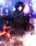  1boy black_gloves black_hair blood cloak energy_sword fujiko_one gloves hair_over_one_eye holding holding_weapon kylo_ren lightsaber lips scar sith solo star_wars star_wars:_the_force_awakens sword weapon yellow_eyes 