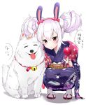  1girl :o animal animal_ears azur_lane bangs bell blush bow candy_apple closed_eyes commentary_request dog eyebrows_visible_through_hair floral_print food hair_between_eyes hair_bow hair_up hairband holding holding_food japanese_clothes jingle_bell kimono laffey_(azur_lane) looking_at_viewer obi parted_lips pink_bow pink_eyes pink_hair print_kimono purple_kimono rabbit_ears red_footwear red_hairband sash scratching_head socks solo squatting suzuharu_toufu tabi tongue tongue_out translated white_background white_legwear zouri 