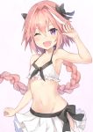  1boy ;d absurdres arm_up armpits astolfo_(fate) bangs bare_arms bare_shoulders bikini_skirt black_ribbon blush braid collarbone cowboy_shot eyebrows_visible_through_hair fang fate/apocrypha fate_(series) floating_hair gradient gradient_background groin hair_between_eyes hair_intakes hair_ribbon halter_top halterneck highres kusumoto_touka long_hair looking_at_viewer male_focus multicolored_hair navel one_eye_closed open_mouth pink_background pink_hair pleated_skirt ribbon shiny shiny_hair single_braid skirt smile solo stomach streaked_hair trap very_long_hair violet_eyes white_background white_bikini_top white_skirt 