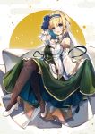  1girl blonde_hair blue_eyes blue_hair brown_legwear commentary commentary_request dress full_body grimms_notes high_heels jeanne_d&#039;arc_(grimms_notes) looking_at_viewer multicolored_hair riia short_hair solo thigh-highs two-tone_hair 