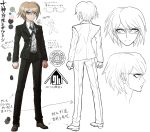  1boy blonde_hair blue_eyes character_sheet clenched_hands color_guide concept_art dangan_ronpa dangan_ronpa_1 full_body glasses komatsuzaki_rui looking_at_viewer male_focus necktie official_art pants reference_sheet school_uniform shirt shoes simple_background sketch standing togami_byakuya translation_request under-rim_eyewear white_background white_shirt 