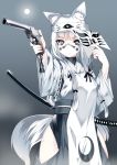  1girl aiming animal_ears bangs black_hakama black_ribbon blunt_bangs breasts closed_mouth cowboy_shot crescent_print eyebrows_visible_through_hair facepaint fox_ears fox_girl fox_tail full_moon grey_background grey_eyes groin gun hair_ribbon hakama hand_up handgun highres hip_vent hips holding holding_gun holding_weapon japanese_clothes kimono long_hair long_sleeves looking_at_viewer low-tied_long_hair mask mask_removed medium_breasts moon original pistol ribbon ribbon-trimmed_clothes ribbon-trimmed_sleeves ribbon_trim samazuka_mashiro serious sheath sidelocks solo standing tail tassel tsurime v-shaped_eyebrows weapon white_hair white_kimono wide_sleeves 