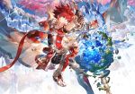  1boy aiguillette belt blue_eyes boots cape elsword elsword_(character) expressionless floating_object floating_rock gloves knight_emperor_(elsword) pauldrons planet redhead scorpion5050 short_hair sword tree water weapon 