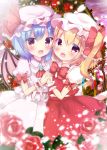  2girls :d ascot bangs bat_wings blonde_hair blue_hair blush bow bowtie brooch commentary_request crystal eyebrows_visible_through_hair fang flandre_scarlet flower hair_between_eyes hair_bow hand_holding hat interlocked_fingers jewelry long_hair looking_at_viewer looking_to_the_side mob_cap multiple_girls open_mouth pink_hat pink_wings puffy_short_sleeves puffy_sleeves red_bow red_neckwear red_rose red_skirt red_vest remilia_scarlet rikatan rose shirt short_sleeves siblings side_ponytail sisters skirt skirt_set smile touhou vest violet_eyes white_hat white_shirt white_skirt wings wrist_cuffs 