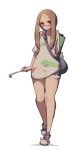  1girl bag bangs blonde_hair blue_eyes denim denim_shorts facial_mark full_body half-closed_eyes highres lamb-oic029 matsurika_(pokemon) oversized_clothes oversized_shirt paintbrush parted_bangs parted_lips pokemon pokemon_(game) pokemon_sm shirt shorts simple_background solo trial_captain white_background 