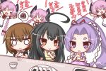  6+girls :d ahoge apron bangs black_hair black_jacket blush blush_stickers bow bowl bowtie braid brown_apron brown_eyes brown_hair closed_mouth collared_shirt dated dress eating eyebrows_visible_through_hair food food_on_face hair_between_eyes hair_ribbon hatsuharu_(kantai_collection) hatsushimo_(kantai_collection) headgear high_ponytail jacket kantai_collection komakoma_(magicaltale) long_hair multiple_girls nenohi_(kantai_collection) o_o onigiri open_mouth parted_bangs parted_lips pink_hair plate ponytail purple_apron purple_hair red_neckwear red_ribbon ribbon rice rice_on_face sailor_dress shide shirt short_eyebrows short_hair short_sleeves smile spoken_squiggle squiggle table translation_request twitter_username very_long_hair violet_eyes wakaba_(kantai_collection) white_background white_dress white_shirt yellow_apron 