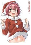  1girl bangs blush brown_eyes clenched_hands ebifurya eyebrows_visible_through_hair hair_between_eyes hair_intakes hat highres kantai_collection kinu_(kantai_collection) long_sleeves looking_at_viewer navel open_mouth pink_hair pom_pom_(clothes) round_teeth santa_costume short_hair simple_background solo teeth twitter_username upper_body white_background 