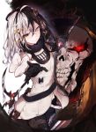  1girl ainz_ooal_gown black_eyes black_gloves black_pants blurry character_request closed_mouth commentary_request depth_of_field dress eyebrows_visible_through_hair gloves glowing glowing_eyes hair_between_eyes hair_ornament heterochromia highres holding holding_scythe holding_weapon hplay looking_at_viewer multicolored_hair outstretched_arms overlord_(maruyama) pants red_eyes robe scythe skull smile standing two-tone_hair weapon white_dress white_eyes x_hair_ornament 