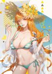  1girl alone bare_shoulders bikini breasts character_name clenched_teeth copyright_name curvy dywx_poison female green_bikini hat highres large_breasts lips long_hair looking_at_viewer medium_breasts nami_(one_piece) navel one_piece orange_eyes orange_hair side-tie_bikini solo standing stomach straw_hat striped striped_bikini swimsuit tattoo teeth thighs twitter_username very_long_hair 