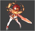  1girl armor armored_boots boots claymore_(sword) elesis_(elsword) elsword fire free_knight_(elsword) grey_background long_hair official_art ponytail puffy_sleeves red_eyes red_skirt redhead sando_(artist) skirt smile smug sword thigh-highs weapon 