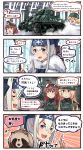  3girls 4koma :d ainu_clothes alternate_costume animal blonde_hair blue_eyes blue_headband brown_hair closed_eyes comic commentary_request folded_ponytail ground_vehicle hair_between_eyes headband highres ido_(teketeke) iowa_(kantai_collection) kamoi_(kantai_collection) kantai_collection long_hair military military_vehicle motor_vehicle multiple_girls open_mouth raccoon saratoga_(kantai_collection) side_ponytail smile speech_bubble tank translation_request v-shaped_eyebrows white_hair 