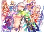  abs animal_ears artoria_pendragon_(all) artoria_pendragon_(lancer) blonde_hair bow_(weapon) breasts cape clenched_teeth crown english fate/grand_order fate_(series) fox_ears green_eyes green_hair large_breasts light_brown_hair navel penthesilea_(fate/grand_order) purple_hair small_breasts teeth under_boob weapon yellow_eyes 