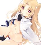  1girl adjusting_clothes american_flag_bikini azur_lane bangs bare_shoulders between_legs bikini black_gloves blonde_hair blue_bikini blush breasts cape cleveland_(azur_lane) closed_mouth eyebrows_visible_through_hair fingerless_gloves flag_print gloves hand_between_legs invisible_chair long_hair looking_at_viewer navel one_side_up parted_bangs red_eyes ribbon side-tie_bikini simple_background sitting skindentation small_breasts solo star star_print stomach swimsuit tetsujin_momoko thighs v-shaped_eyebrows very_long_hair white_background white_cape white_ribbon 