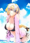  1girl alternate_costume bangs bikini black_bikini black_bow black_ribbon blonde_hair blush bow braid breasts cleavage clouds cloudy_sky collarbone day eyebrows_visible_through_hair fate/apocrypha fate_(series) front-tie_bikini front-tie_top guanghe_zuoyong_de_de_yezi hair_bow head_tilt headpiece highres jacket jeanne_d&#039;arc_(fate) jeanne_d&#039;arc_(fate)_(all) large_breasts leaf long_hair looking_at_viewer open_clothes open_jacket outdoors parted_lips pink_jacket ribbon shiny shiny_hair side-tie_bikini single_braid sky smile solo standing swimsuit very_long_hair violet_eyes 