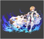  1boy armor blackjd83 blonde_hair blue_eyes brown_hair cannon chung_seiker elsword gauntlets gloves greaves grey_background hair_flaps huge_weapon multicolored_hair necktie official_art short_hair smile two-tone_hair weapon white_armor 