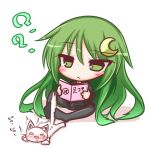  1girl ? animal bangs black_legwear black_serafuku black_shirt black_skirt blush cat closed_mouth crescent crescent_hair_ornament drooling eromanga eyebrows_visible_through_hair green_eyes green_hair hair_between_eyes hair_ornament holding kantai_collection komakoma_(magicaltale) long_hair long_sleeves nagatsuki_(kantai_collection) no_shoes nose_blush pantyhose reading saliva school_uniform serafuku sexually_suggestive shirt sitting skirt solo translation_request very_long_hair white_background 