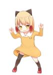  1girl :d absurdres animal_ears arms_up asymmetrical_legwear atg_(wttoo0202) bangs black_legwear blonde_hair blush cat_ears child collarbone collared_dress dress eyebrows_visible_through_hair fang full_body highres kneehighs looking_at_viewer open_mouth original short_hair simple_background single_kneehigh single_thighhigh smile solo standing thigh-highs v-shaped_eyebrows white_background yellow_dress yellow_eyes 