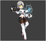  1girl another_code_(elsword) boots capelet elsword eve_(elsword) facial_mark forehead_jewel gloves grey_background grey_hair official_art pointing ress robot short_hair white_footwear white_gloves yellow_eyes 