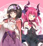  2girls asymmetrical_horns bangs black_hair blue_eyes blush breasts curled_horns elizabeth_bathory_(fate) elizabeth_bathory_(fate)_(all) fate/extra fate/extra_ccc fate_(series) glasses hairband japanese_clothes large_breasts long_hair looking_at_viewer low_twintails masayo_(gin_no_ame) multiple_girls one_eye_closed open_mouth osakabe-hime_(fate/grand_order) pink_hair red-framed_eyewear semi-rimless_eyewear smile twintails very_long_hair violet_eyes 
