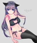  1girl animal_ears bangs black_bra black_legwear black_panties blue_eyes bra breasts cat_cutout cat_ear_panties cat_ears cat_lingerie cleavage cleavage_cutout closed_mouth collarbone eyebrows_visible_through_hair frilled_bra frills grey_background hair_tucking hand_in_hair hand_up lingerie long_hair looking_at_viewer medium_breasts meme_attire navel original panties purple_hair ruku_(rukumero) sidelocks simple_background sitting solo swept_bangs thigh-highs thighs underwear 