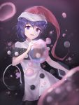  1girl bare_arms black_background blue_eyes blue_hair book doremy_sweet dream_soul dress eyebrows_visible_through_hair hand_up hat holding holding_book looking_at_viewer minust nightcap pom_pom_(clothes) smile solo tail tapir_tail touhou white_dress 