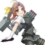  1girl ahoge bike_shorts brown_hair cannon cowboy_shot eggplant green_ribbon grey_skirt grey_vest grin hair_ribbon kagerou_(kantai_collection) kantai_collection looking_at_viewer machinery mofu_namako neck_ribbon pleated_skirt ribbon school_uniform short_sleeves shorts_under_skirt simple_background skirt smile solo torpedo twintails vest white_background yellow_ribbon 