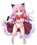  1girl animal_ears bangs bell betei bikini blue_bow blunt_bangs bow bowtie breasts cat_ears cat_tail cleavage crescent crescent_hair_ornament crescent_moon_pin eyebrows_visible_through_hair full_body hair_bow hair_ornament jingle_bell kemonomimi_mode large_breasts long_hair looking_at_viewer open_mouth outstretched_arms patchouli_knowledge pigeon-toed purple_bikini purple_hair red_neckwear simple_background solo standing striped striped_bikini swimsuit tail touhou white_background 