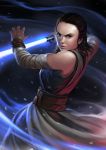  1girl brown_eyes brown_hair detached_sleeves energy_sword fighting_stance highres holding holding_weapon lightsaber lips nose okita realistic rey_(star_wars) sash serious solo star_wars star_wars:_the_force_awakens sword weapon 