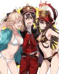  !? 1boy 2girls ;d ahoge arm_up bangs belt belt_buckle bikini black_bikini black_bow black_cape black_hair blue_jacket blush bow breasts buckle cape cleavage collarbone contrapposto cowboy_shot demon_archer fate/grand_order fate_(series) fire frilled_bikini frills girl_sandwich gloves grin hair_between_eyes hair_bow hand_on_hip hat highres hug jacket koha-ace long_hair long_sleeves looking_at_viewer medium_breasts multiple_girls oda_nobukatsu_(fate/grand_order) oda_nobunaga_(swimsuit_berserker)_(fate) okita_souji_(fate) one_eye_closed open_clothes open_jacket open_mouth own_hands_together peaked_cap ponytail red_eyes red_hat sakura_saber sandwiched shinsengumi smile standing swimsuit tearing_up tears teeth thighs uniform v v-shaped_eyebrows v_over_eye very_long_hair wavy_mouth white_bikini white_gloves wrt_(arpaca) 