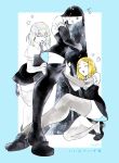  androgynous black_gloves black_legwear blonde_hair bob_cut bort closed_eyes crystal_hair diamond_(houseki_no_kuni) elbow_gloves gem_uniform_(houseki_no_kuni) gloves gluteal_fold houseki_no_kuni long_hair medium_hair moku5213250 multicolored_hair necktie one_knee thigh-highs very_long_hair yellow_diamond_(houseki_no_kuni) 