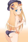  1girl abigail_williams_(fate/grand_order) alternate_costume ass bikini black_bikini black_bow black_hat blonde_hair blue_eyes blush bow butt_crack commentary_request cowboy_shot fate/grand_order fate_(series) hair_bow hat long_hair looking_at_viewer looking_back orange_bow parted_lips polka_dot polka_dot_bow solo swimsuit toshishikisai very_long_hair 