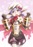  1girl beret cape flower hana_(xenoblade) hat highres kame_(pixiv) lily_(flower) low_twintails orange_eyes petals puffy_shorts purple_hair ribbon robot robot_joints shorts twintails xenoblade_2 