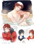  2boys adjusting_eyewear ahoge bare_chest brown_gloves collarbone facial_hair fur_trim glasses gloves hood idolmaster idolmaster_side-m male_focus multiple_boys onsen partially_submerged red_eyes redhead sakuraba_kaoru speech_bubble tendou_teru towel towel_on_head water winter_clothes 